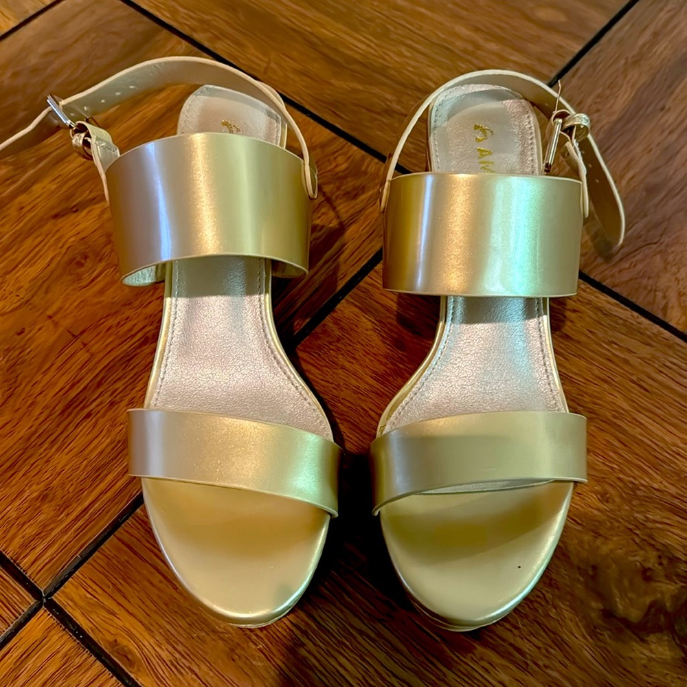 AMOJI 3” Block Gold Heels Size 11, Chunky Heels with Strap